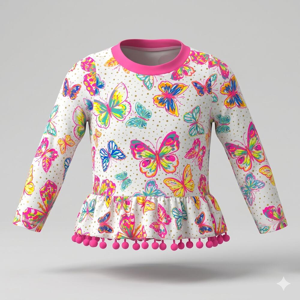 Betsey Johnson Girls 2T Kidcore Vacation Resortwear Peplum Rash Guard Pom Trim